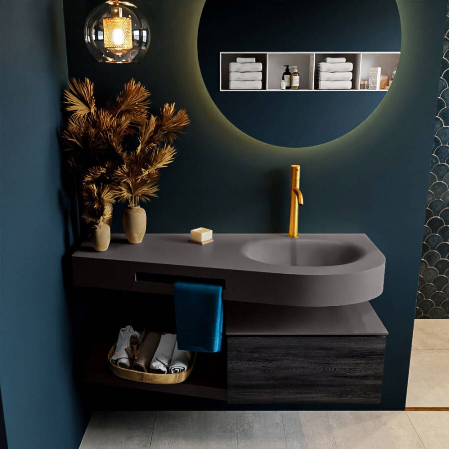 Mondiaz RIVA badmeubelsets 120x50x30cm 1 lade MDF Antracite mat push to open 1 kraangat 1 wasbak rechts dark grey solid surface RIVA10520
