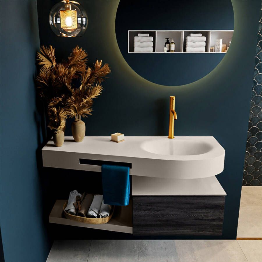 Mondiaz RIVA badmeubelsets 120x50x30cm 1 lade MDF Antracite mat push to open 1 kraangat 1 wasbak rechts Linen solid surface RIVA10696