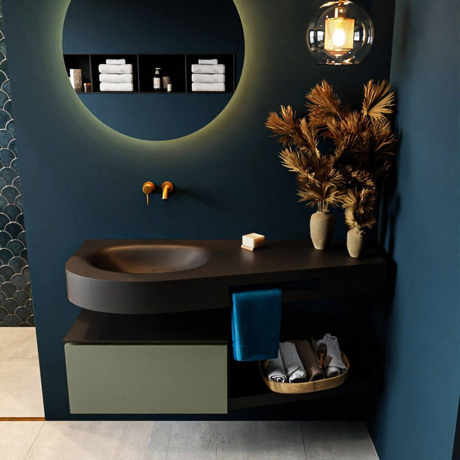 Mondiaz RIVA badmeubelsets 120x50x30cm 1 lade MDF Army mat push to open 0 kraangaten 1 wasbak links Urban solid surface RIVA10245