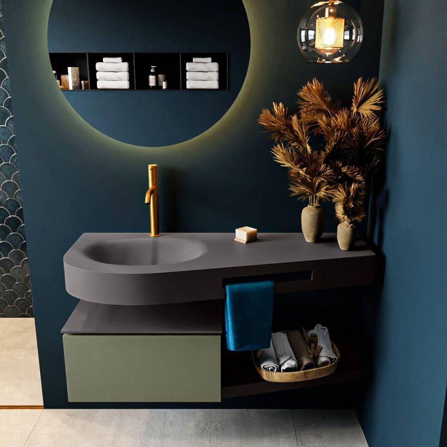 Mondiaz RIVA badmeubelsets 120x50x30cm 1 lade MDF Army mat push to open 1 kraangat 1 wasbak links dark grey solid surface RIVA10423 - Foto 3