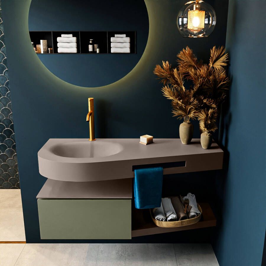 Mondiaz RIVA badmeubelsets 120x50x30cm 1 lade MDF Army mat push to open 1 kraangat 1 wasbak links Smoke solid surface RIVA10951