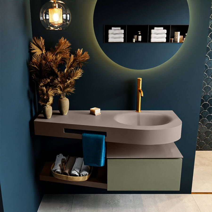 Mondiaz RIVA badmeubelsets 120x50x30cm 1 lade MDF Army mat push to open 1 kraangat 1 wasbak rechts Smoke solid surface RIVA10952