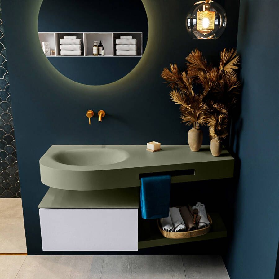 Mondiaz RIVA badmeubelsets 120x50x30cm 1 lade MDF Cale mat push to open 0 kraangaten 1 wasbak links Army solid surface RIVA10757