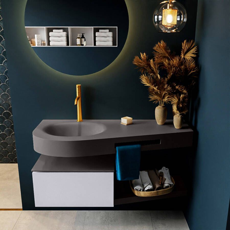 Mondiaz RIVA badmeubelsets 120x50x30cm 1 lade MDF Cale mat push to open 1 kraangat 1 wasbak links dark grey solid surface RIVA10407