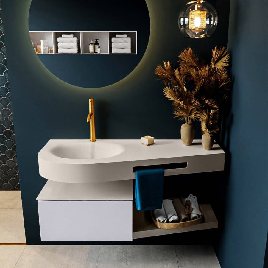 Mondiaz RIVA badmeubelsets 120x50x30cm 1 lade MDF Cale mat push to open 1 kraangat 1 wasbak links Linen solid surface RIVA10583 - Foto 2