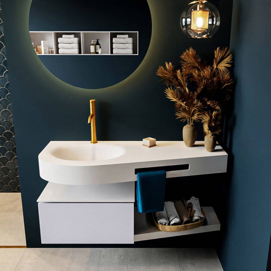 Mondiaz RIVA badmeubelsets 120x50x30cm 1 lade MDF Cale mat push to open 1 kraangat 1 wasbak links Talc solid surface RIVA10055