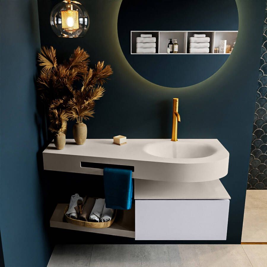 Mondiaz RIVA badmeubelsets 120x50x30cm 1 lade MDF Cale mat push to open 1 kraangat 1 wasbak rechts Linen solid surface RIVA10584