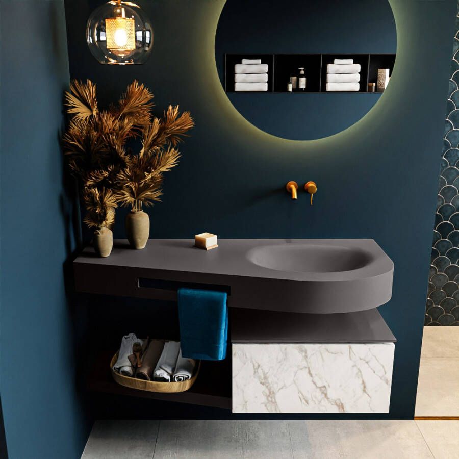 Mondiaz RIVA badmeubelsets 120x50x30cm 1 lade MDF carrara mat push to open 0 kraangaten 1 wasbak rechts dark grey solid surface RIVA10526