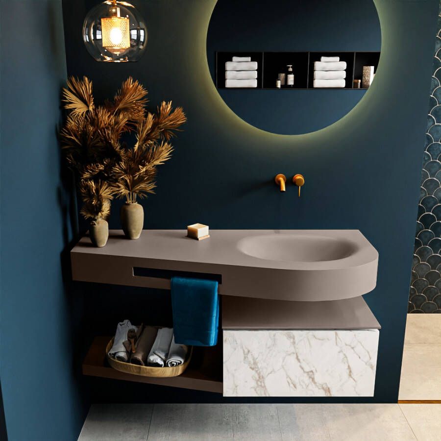 Mondiaz RIVA badmeubelsets 120x50x30cm 1 lade MDF carrara mat push to open 0 kraangaten 1 wasbak rechts Smoke solid surface RIVA11054