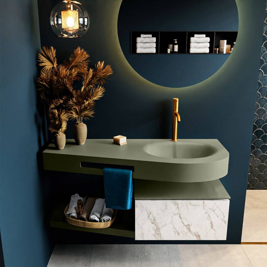 Mondiaz RIVA badmeubelsets 120x50x30cm 1 lade MDF carrara mat push to open 1 kraangat 1 wasbak rechts Army solid surface RIVA10880 - Foto 2