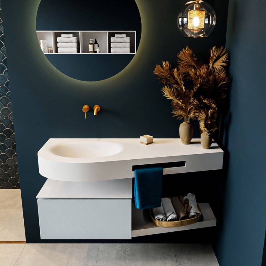 Mondiaz RIVA badmeubelsets 120x50x30cm 1 lade MDF Clay mat push to open 0 kraangaten 1 wasbak links Talc solid surface RIVA10037 - Foto 1