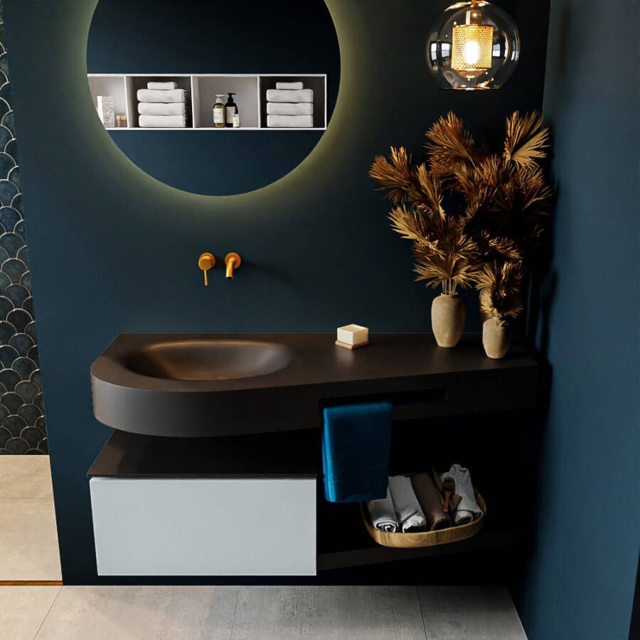 Mondiaz RIVA badmeubelsets 120x50x30cm 1 lade MDF Clay mat push to open 0 kraangaten 1 wasbak links Urban solid surface RIVA10213