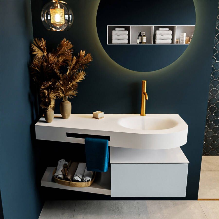 Mondiaz RIVA badmeubelsets 120x50x30cm 1 lade MDF Clay mat push to open 1 kraangat 1 wasbak rechts Talc solid surface RIVA10040