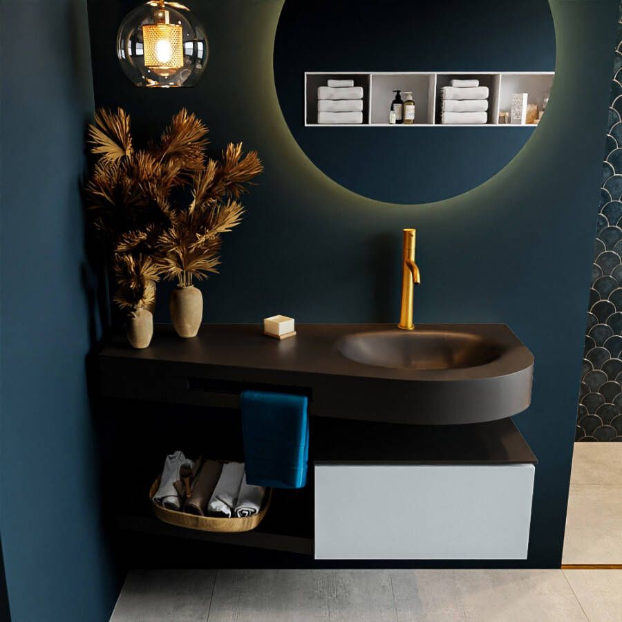 Mondiaz RIVA badmeubelsets 120x50x30cm 1 lade MDF Clay mat push to open 1 kraangat 1 wasbak rechts Urban solid surface RIVA10216