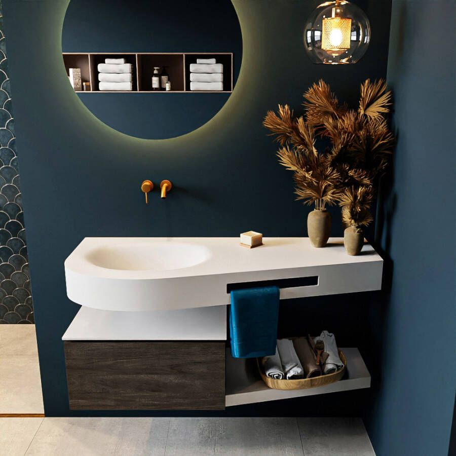 Mondiaz RIVA badmeubelsets 120x50x30cm 1 lade MDF Dark Brown mat push to open 0 kraangaten 1 wasbak links Talc solid surface RIVA10133