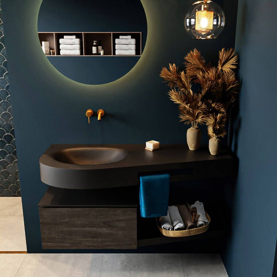Mondiaz RIVA badmeubelsets 120x50x30cm 1 lade MDF Dark Brown mat push to open 0 kraangaten 1 wasbak links Urban solid surface RIVA10309