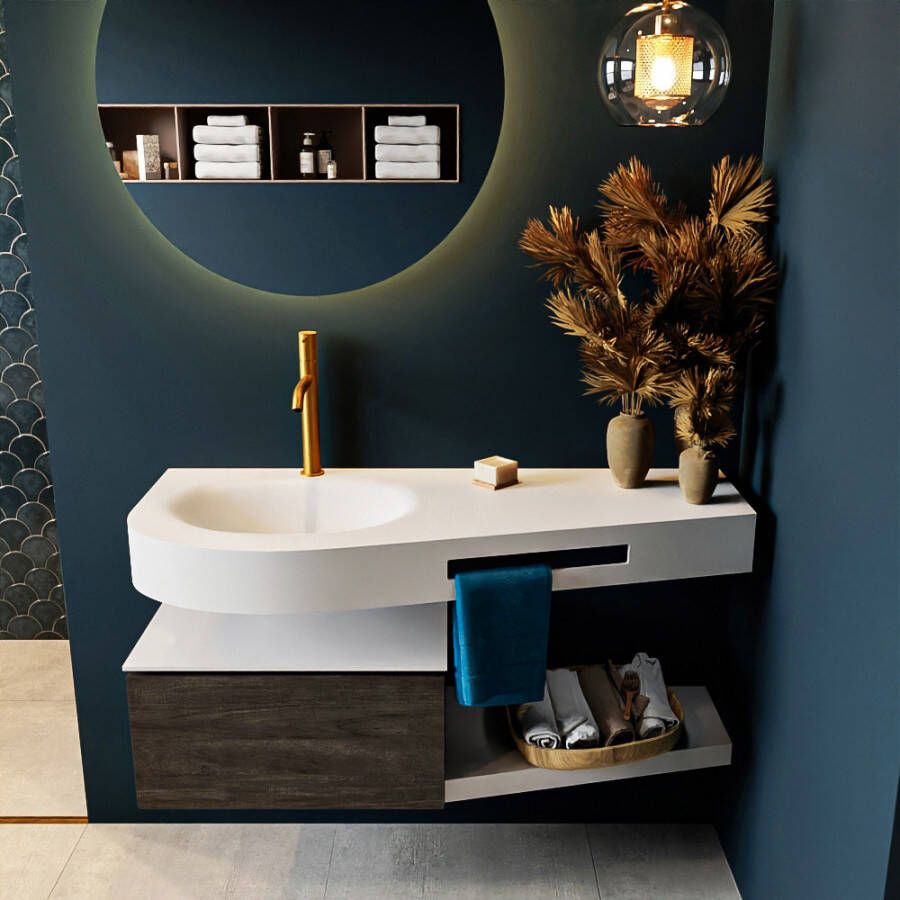 Mondiaz RIVA badmeubelsets 120x50x30cm 1 lade MDF Dark Brown mat push to open 1 kraangat 1 wasbak links Talc solid surface RIVA10135 - Foto 2