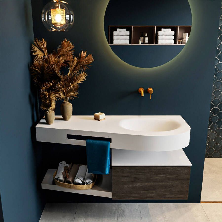 Mondiaz RIVA badmeubelsets 120x50x30cm 1 lade MDF Dark Brown mat push to open 0 kraangaten 1 wasbak rechts Talc solid surface RIVA10134