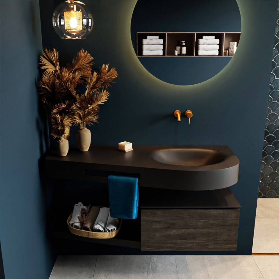 Mondiaz RIVA badmeubelsets 120x50x30cm 1 lade MDF Dark Brown mat push to open 0 kraangaten 1 wasbak rechts Urban solid surface RIVA10310