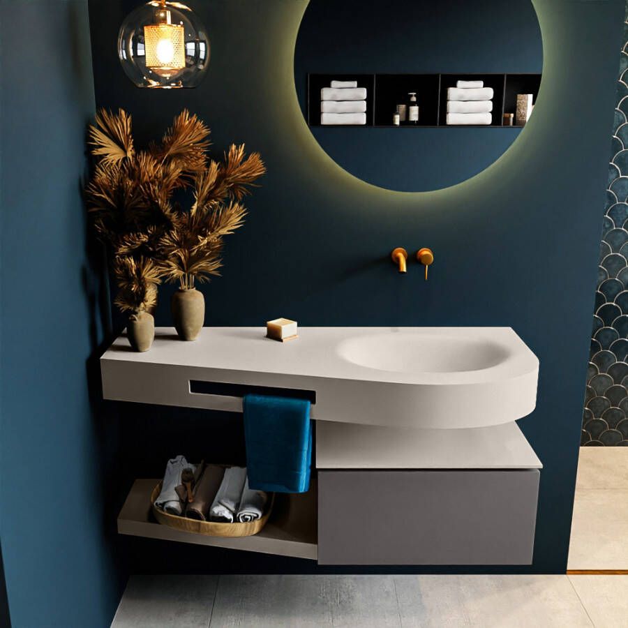 Mondiaz RIVA badmeubelsets 120x50x30cm 1 lade MDF Dark Grey mat push to open 0 kraangaten 1 wasbak rechts Linen solid surface RIVA10590