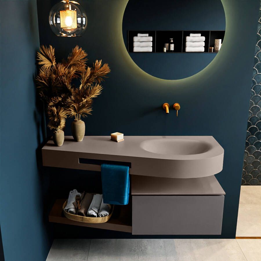 Mondiaz RIVA badmeubelsets 120x50x30cm 1 lade MDF Dark Grey mat push to open 0 kraangaten 1 wasbak rechts Smoke solid surface RIVA10942