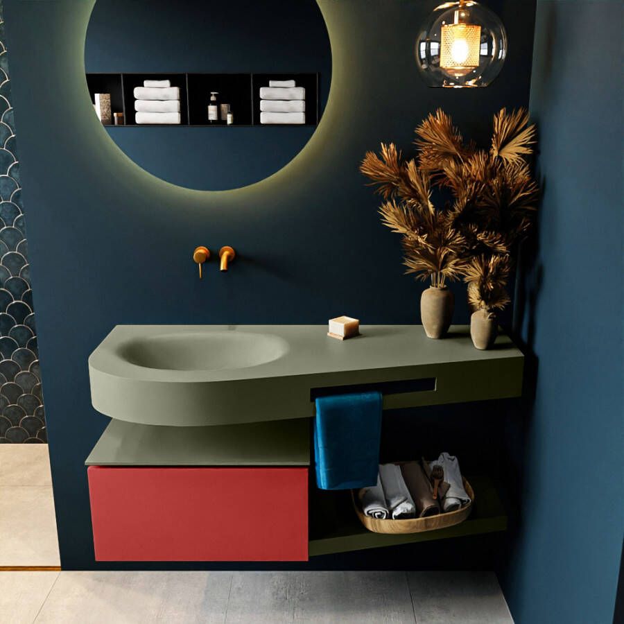 Mondiaz RIVA badmeubelsets 120x50x30cm 1 lade MDF Fire mat push to open 0 kraangaten 1 wasbak links Army solid surface RIVA10789