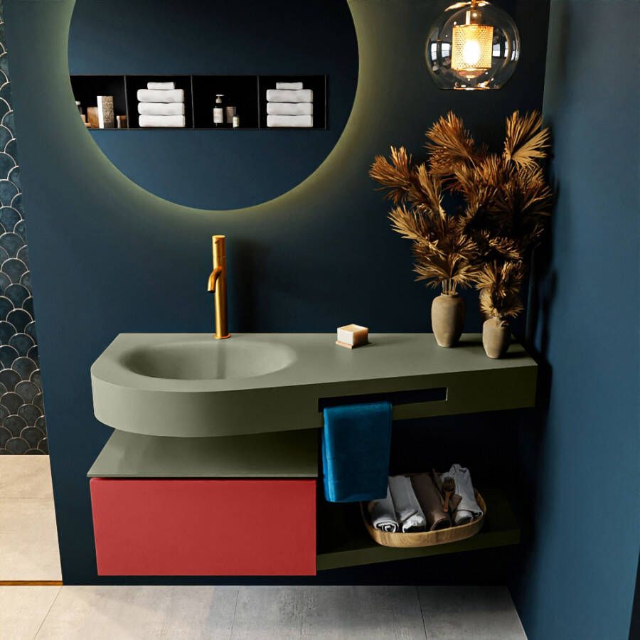 Mondiaz RIVA badmeubelsets 120x50x30cm 1 lade MDF Fire mat push to open 1 kraangat 1 wasbak links Army solid surface RIVA10791