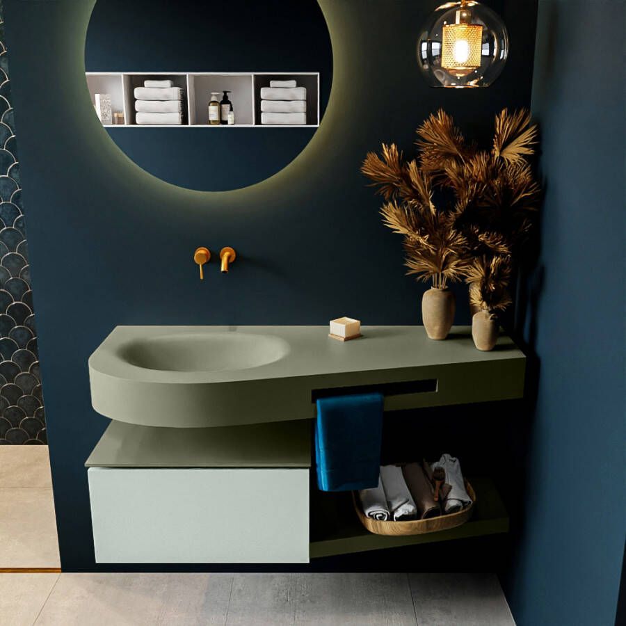 Mondiaz RIVA badmeubelsets 120x50x30cm 1 lade MDF Greey mat push to open 0 kraangaten 1 wasbak links Army solid surface RIVA10733