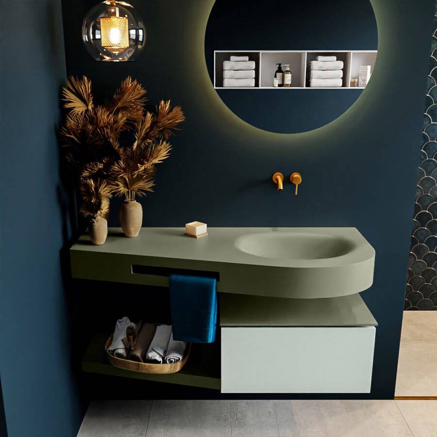 Mondiaz RIVA badmeubelsets 120x50x30cm 1 lade MDF Greey mat push to open 0 kraangaten 1 wasbak rechts Army solid surface RIVA10734