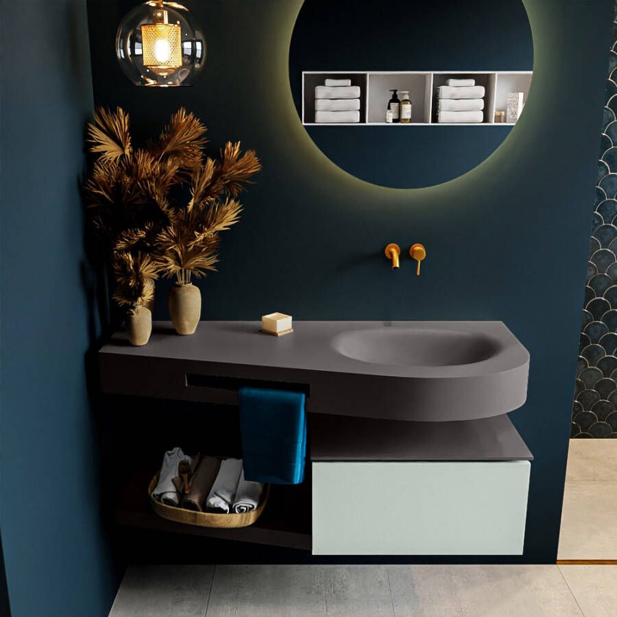 Mondiaz RIVA badmeubelsets 120x50x30cm 1 lade MDF Greey mat push to open 0 kraangaten 1 wasbak rechts dark grey solid surface RIVA10382