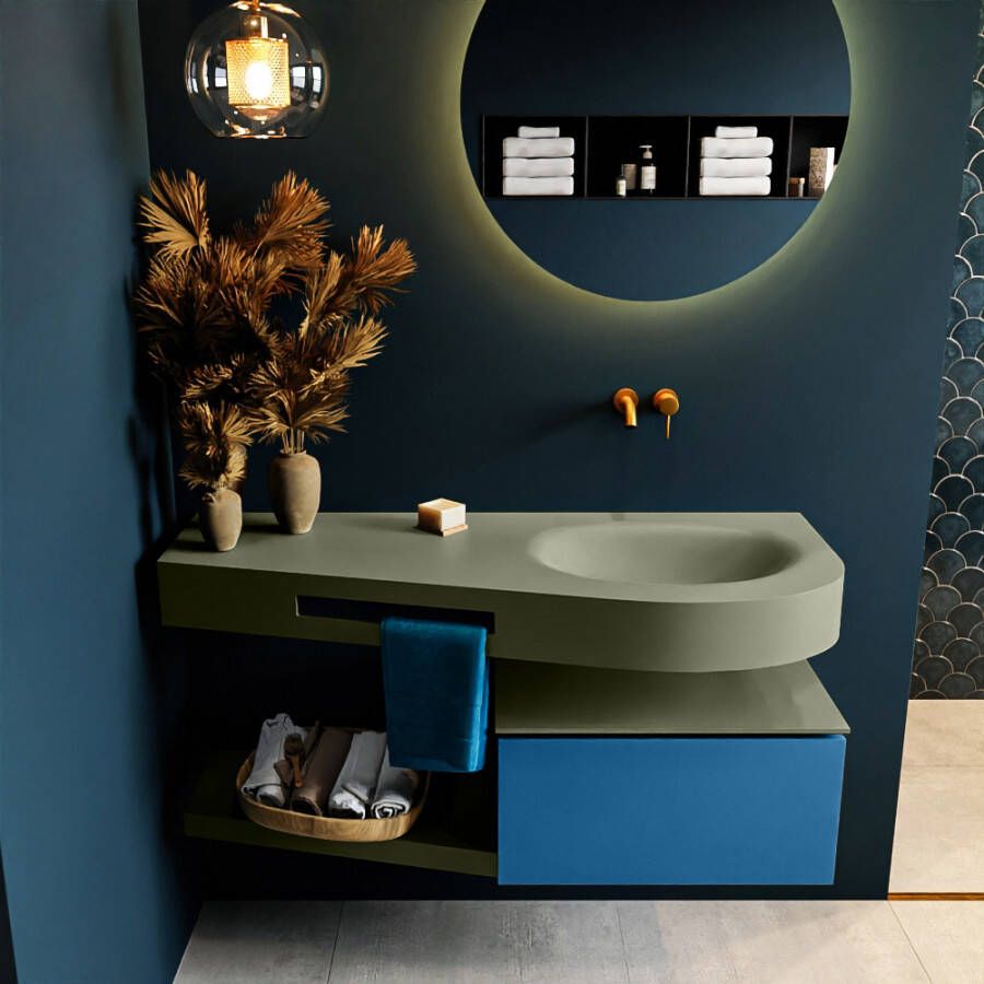 Mondiaz RIVA badmeubelsets 120x50x30cm 1 lade MDF Jeans mat push to open 0 kraangaten 1 wasbak rechts Army solid surface RIVA10798