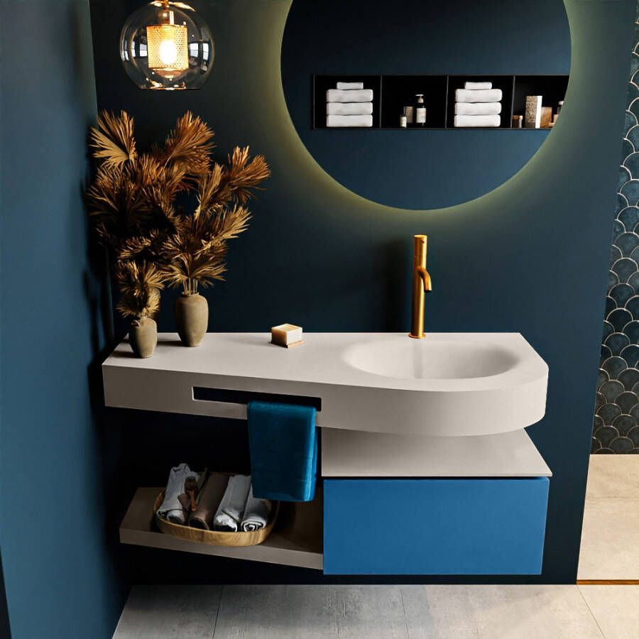 Mondiaz RIVA badmeubelsets 120x50x30cm 1 lade MDF Jeans mat push to open 1 kraangat 1 wasbak rechts Linen solid surface RIVA10624