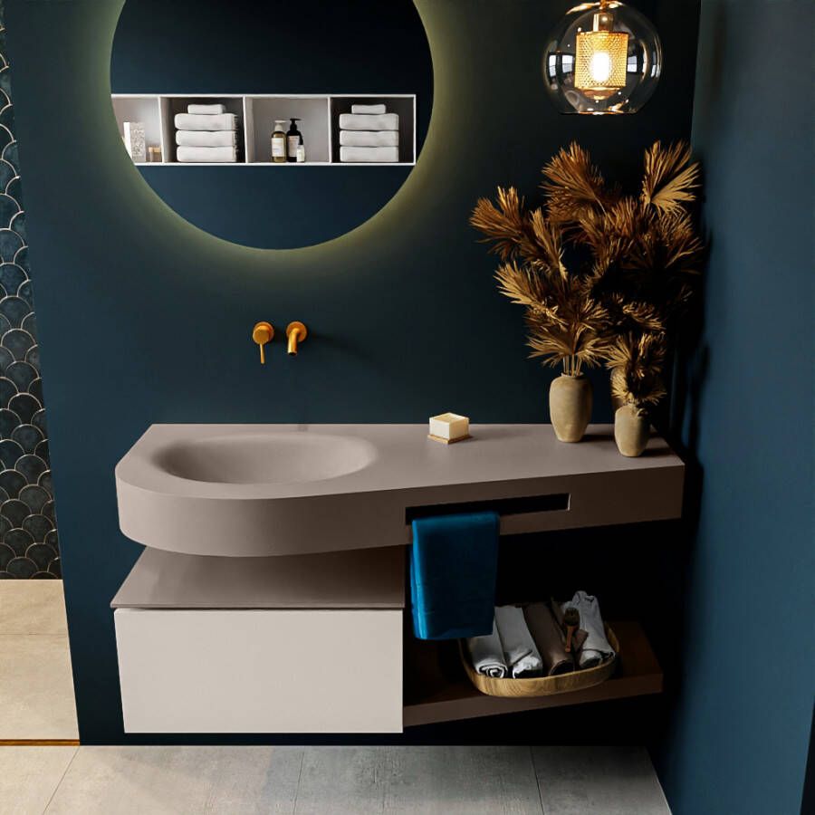 Mondiaz RIVA badmeubelsets 120x50x30cm 1 lade MDF Linen mat push to open 0 kraangaten 1 wasbak links Smoke solid surface RIVA10901 - Foto 1