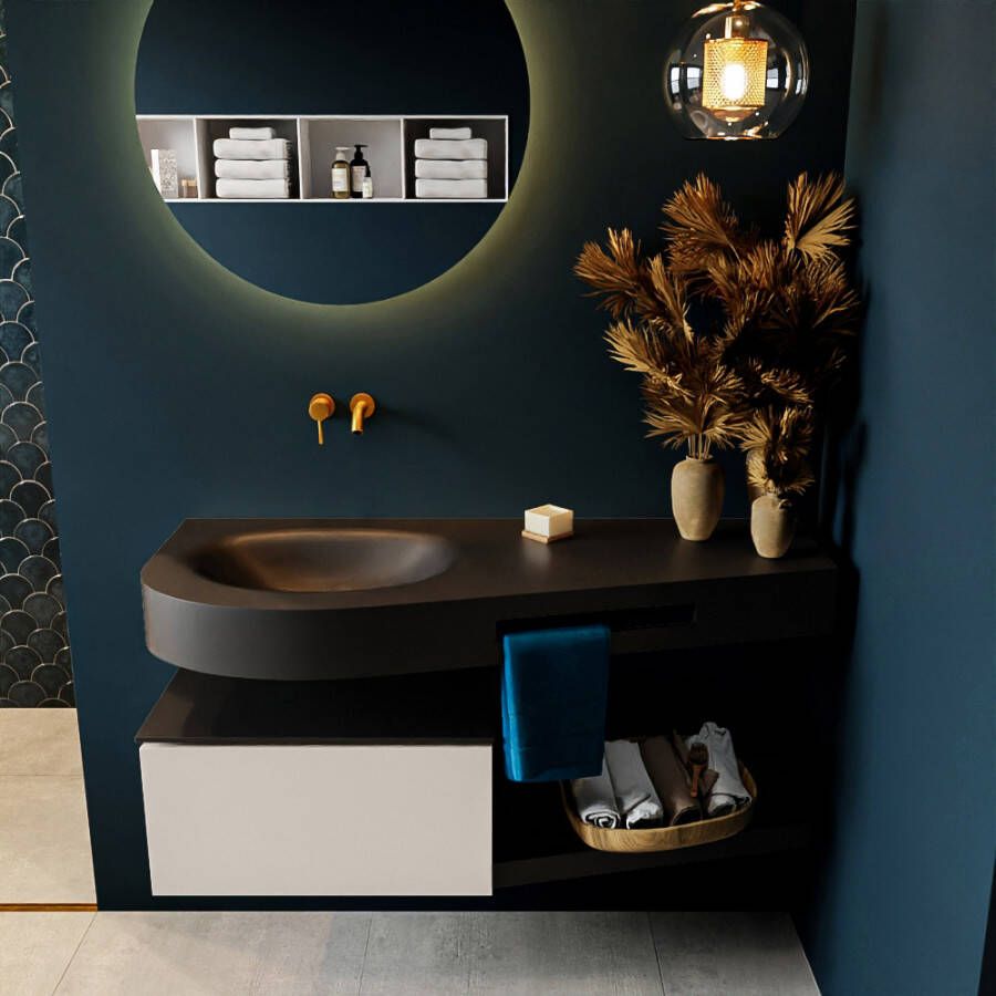 Mondiaz RIVA badmeubelsets 120x50x30cm 1 lade MDF Linen mat push to open 0 kraangaten 1 wasbak links Urban solid surface RIVA10197