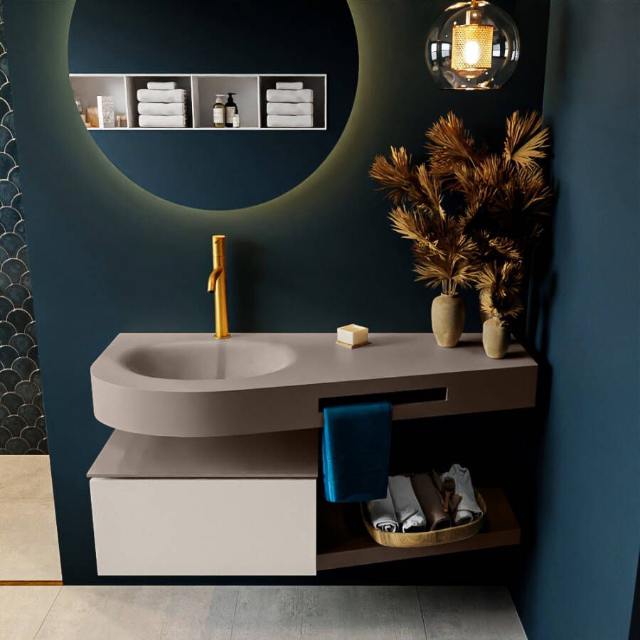 Mondiaz RIVA badmeubelsets 120x50x30cm 1 lade MDF Linen mat push to open 1 kraangat 1 wasbak links Smoke solid surface RIVA10903