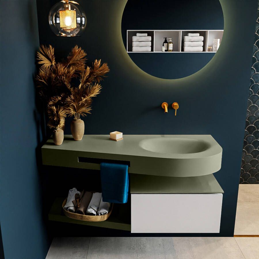 Mondiaz RIVA badmeubelsets 120x50x30cm 1 lade MDF Linen mat push to open 0 kraangaten 1 wasbak rechts Army solid surface RIVA10726