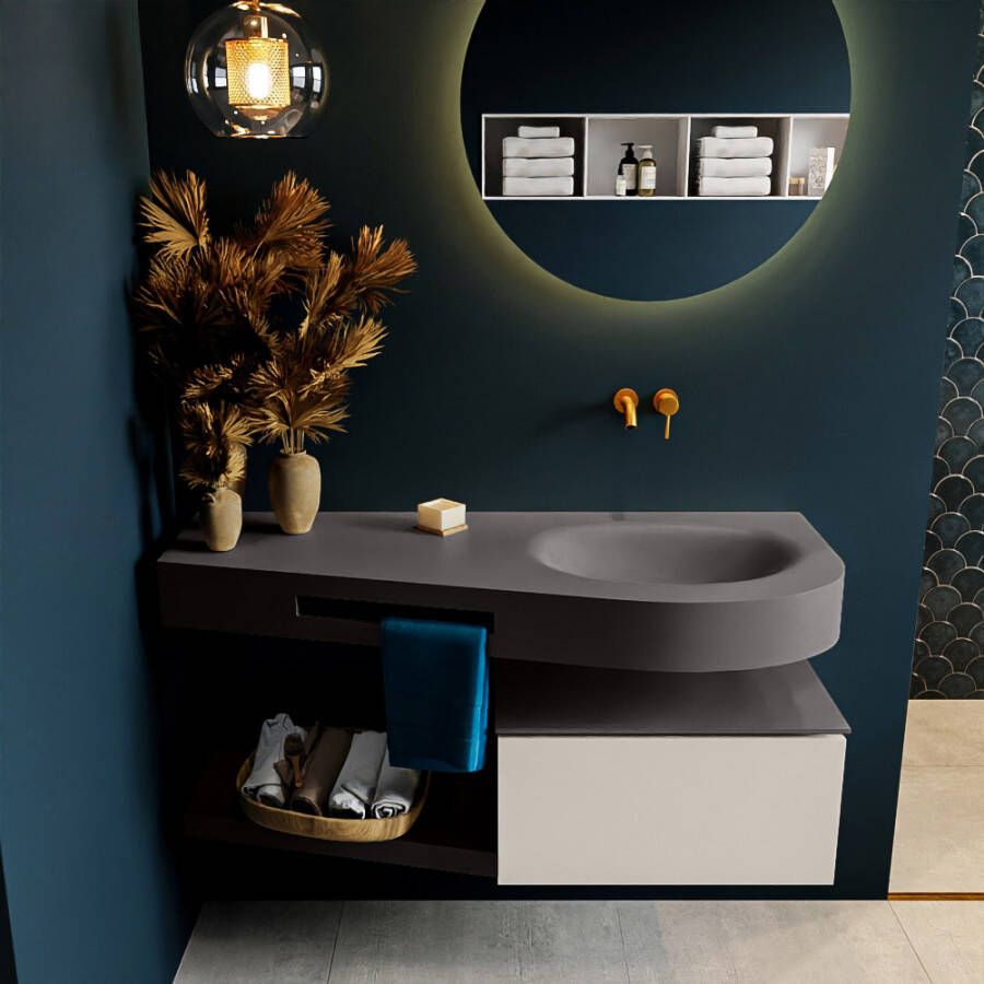 Mondiaz RIVA badmeubelsets 120x50x30cm 1 lade MDF Linen mat push to open 0 kraangaten 1 wasbak rechts dark grey solid surface RIVA10374