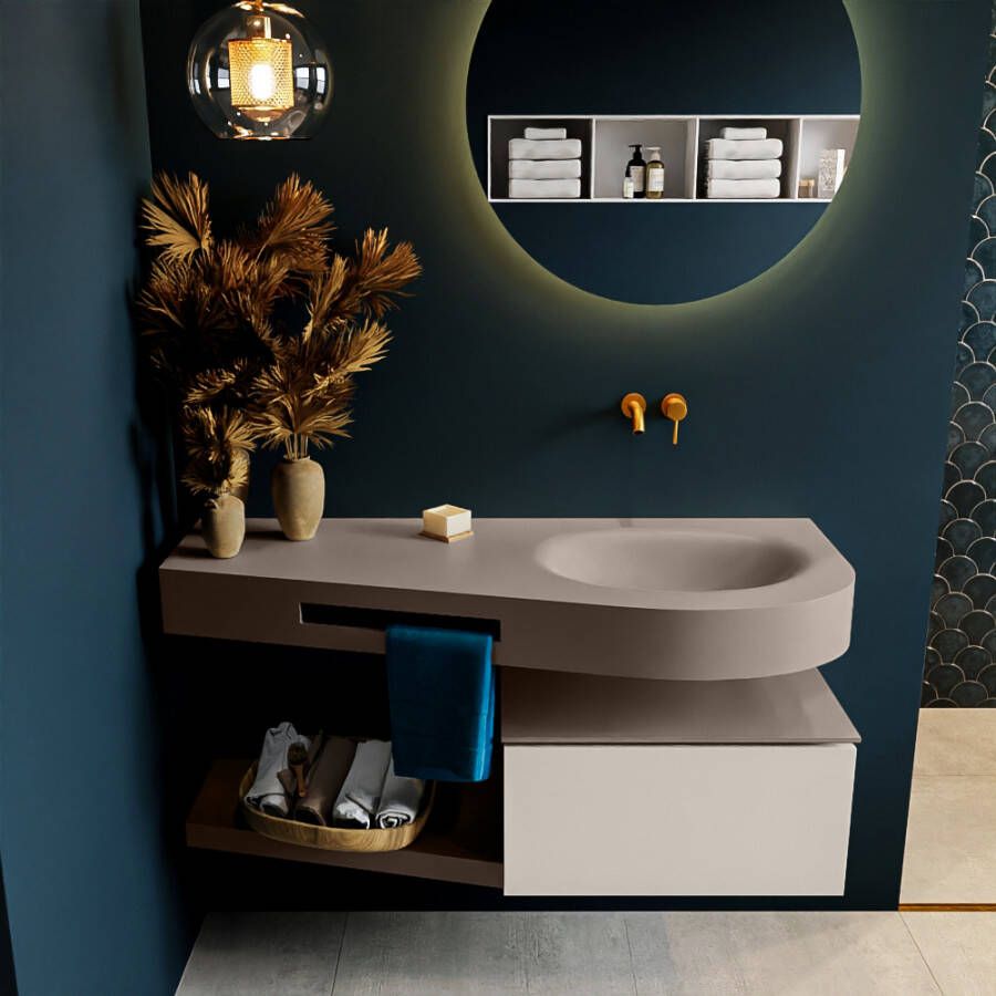 Mondiaz RIVA badmeubelsets 120x50x30cm 1 lade MDF Linen mat push to open 0 kraangaten 1 wasbak rechts Smoke solid surface RIVA10902