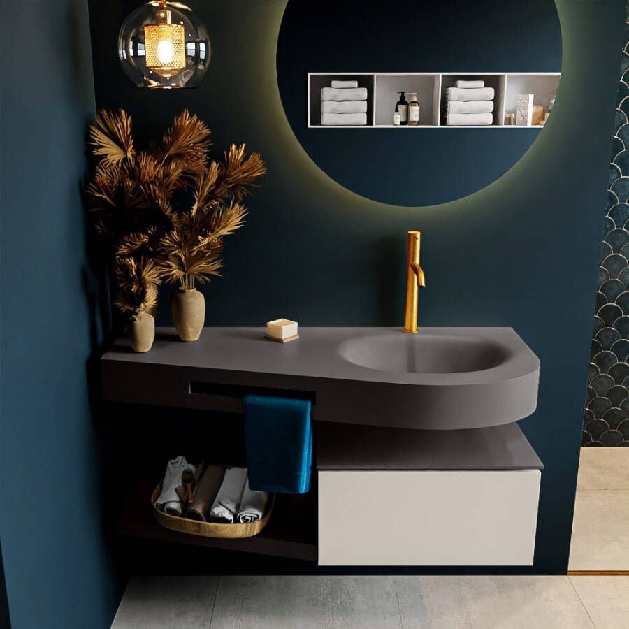 Mondiaz RIVA badmeubelsets 120x50x30cm 1 lade MDF Linen mat push to open 1 kraangat 1 wasbak rechts dark grey solid surface RIVA10376