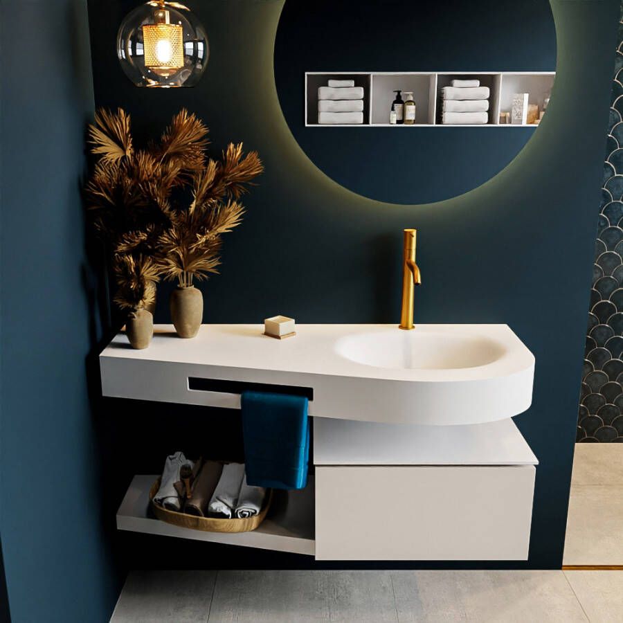 Mondiaz RIVA badmeubelsets 120x50x30cm 1 lade MDF Linen mat push to open 1 kraangat 1 wasbak rechts Talc solid surface RIVA10024