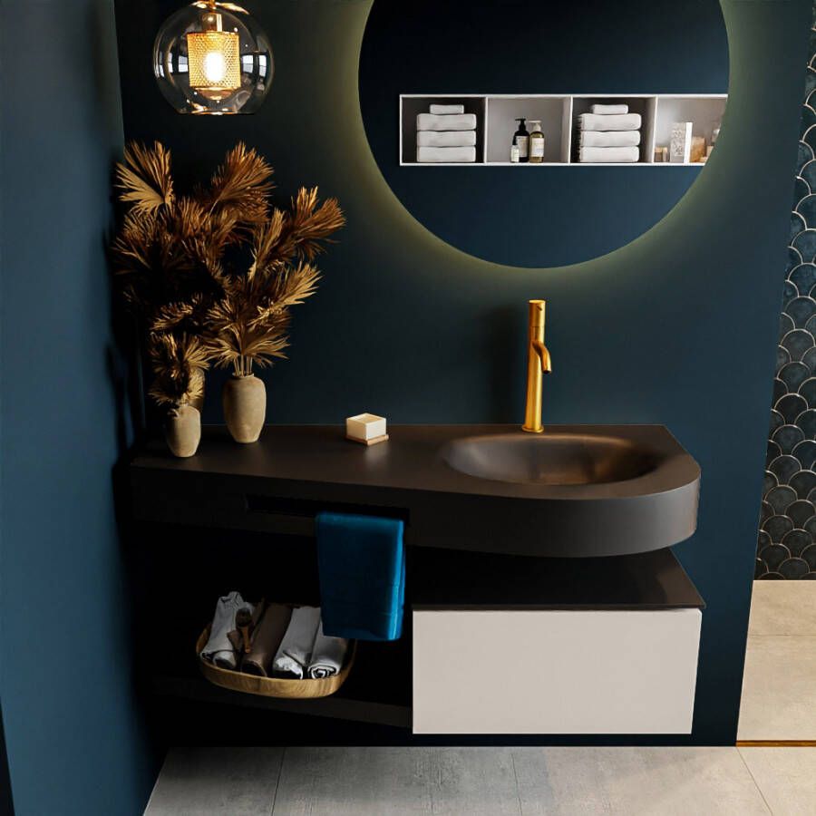 Mondiaz RIVA badmeubelsets 120x50x30cm 1 lade MDF Linen mat push to open 1 kraangat 1 wasbak rechts Urban solid surface RIVA10200