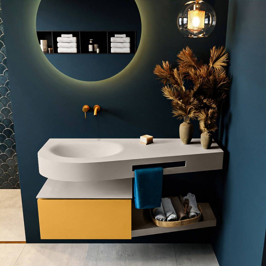 Mondiaz RIVA badmeubelsets 120x50x30cm 1 lade MDF Ocher mat push to open 0 kraangaten 1 wasbak links Linen solid surface RIVA10629