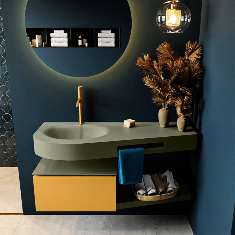 Mondiaz RIVA badmeubelsets 120x50x30cm 1 lade MDF Ocher mat push to open 1 kraangat 1 wasbak links Army solid surface RIVA10807