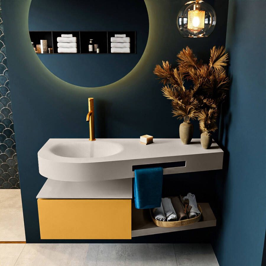 Mondiaz RIVA badmeubelsets 120x50x30cm 1 lade MDF Ocher mat push to open 1 kraangat 1 wasbak links Linen solid surface RIVA10631