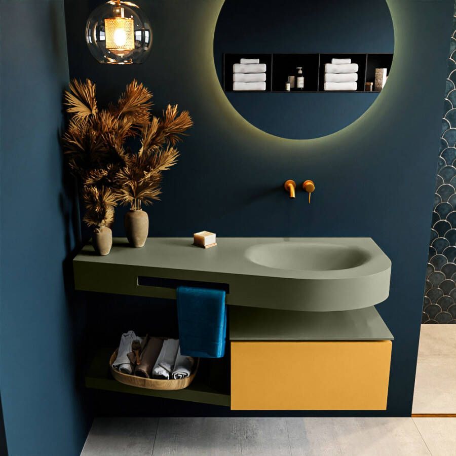 Mondiaz RIVA badmeubelsets 120x50x30cm 1 lade MDF Ocher mat push to open 0 kraangaten 1 wasbak rechts Army solid surface RIVA10806