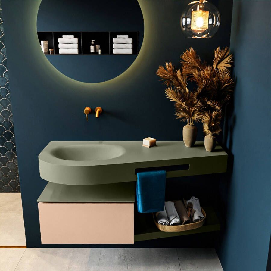 Mondiaz RIVA badmeubelsets 120x50x30cm 1 lade MDF Rosee mat push to open 0 kraangaten 1 wasbak links Army solid surface RIVA10821 - Foto 1