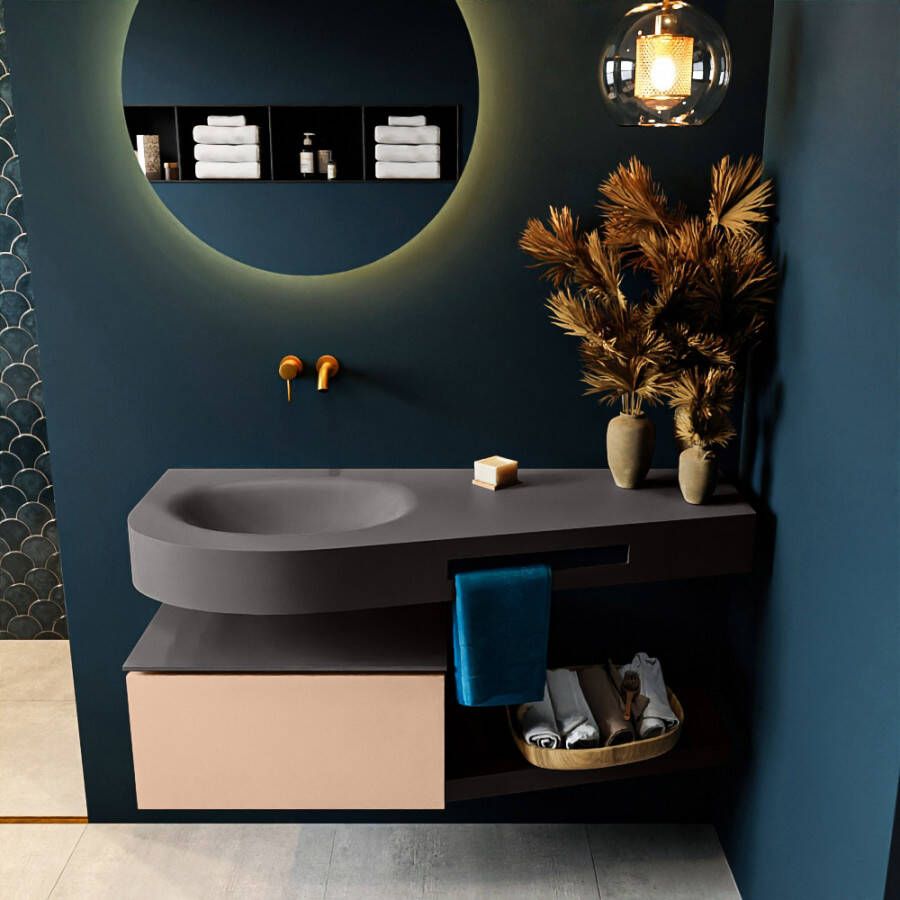 Mondiaz RIVA badmeubelsets 120x50x30cm 1 lade MDF Rosee mat push to open 0 kraangaten 1 wasbak links dark grey solid surface RIVA10469