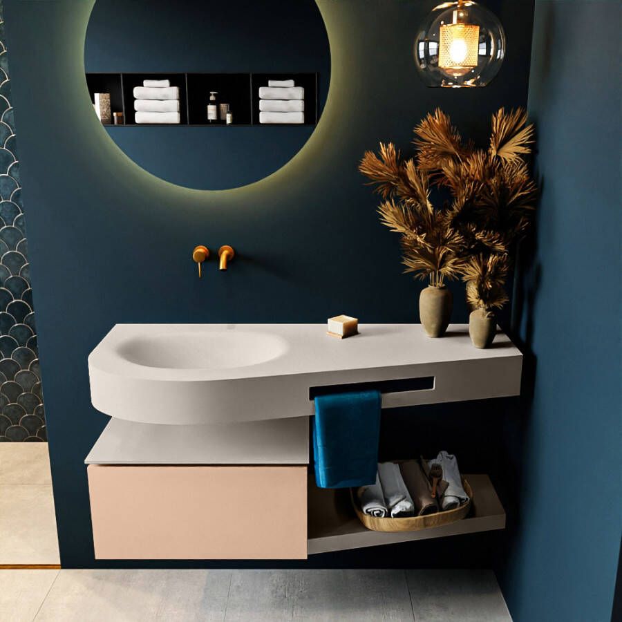 Mondiaz RIVA badmeubelsets 120x50x30cm 1 lade MDF Rosee mat push to open 0 kraangaten 1 wasbak links Linen solid surface RIVA10645