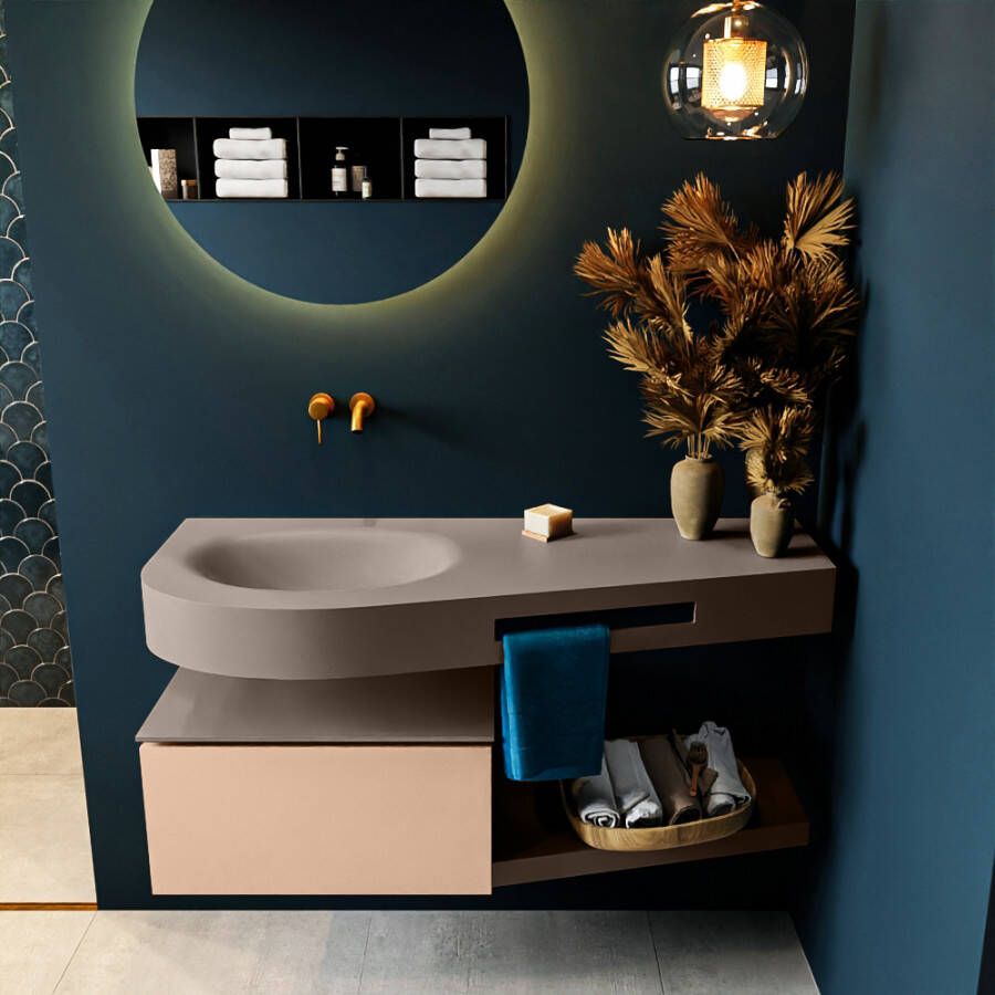 Mondiaz RIVA badmeubelsets 120x50x30cm 1 lade MDF Rosee mat push to open 0 kraangaten 1 wasbak links Smoke solid surface RIVA10997