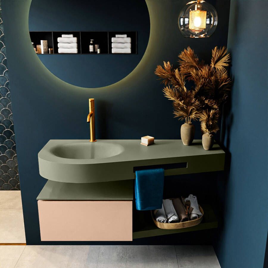 Mondiaz RIVA badmeubelsets 120x50x30cm 1 lade MDF Rosee mat push to open 1 kraangat 1 wasbak links Army solid surface RIVA10823 - Foto 2